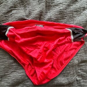 Men’s red with black stripes brief swimwear. Aussie Bum. Large
